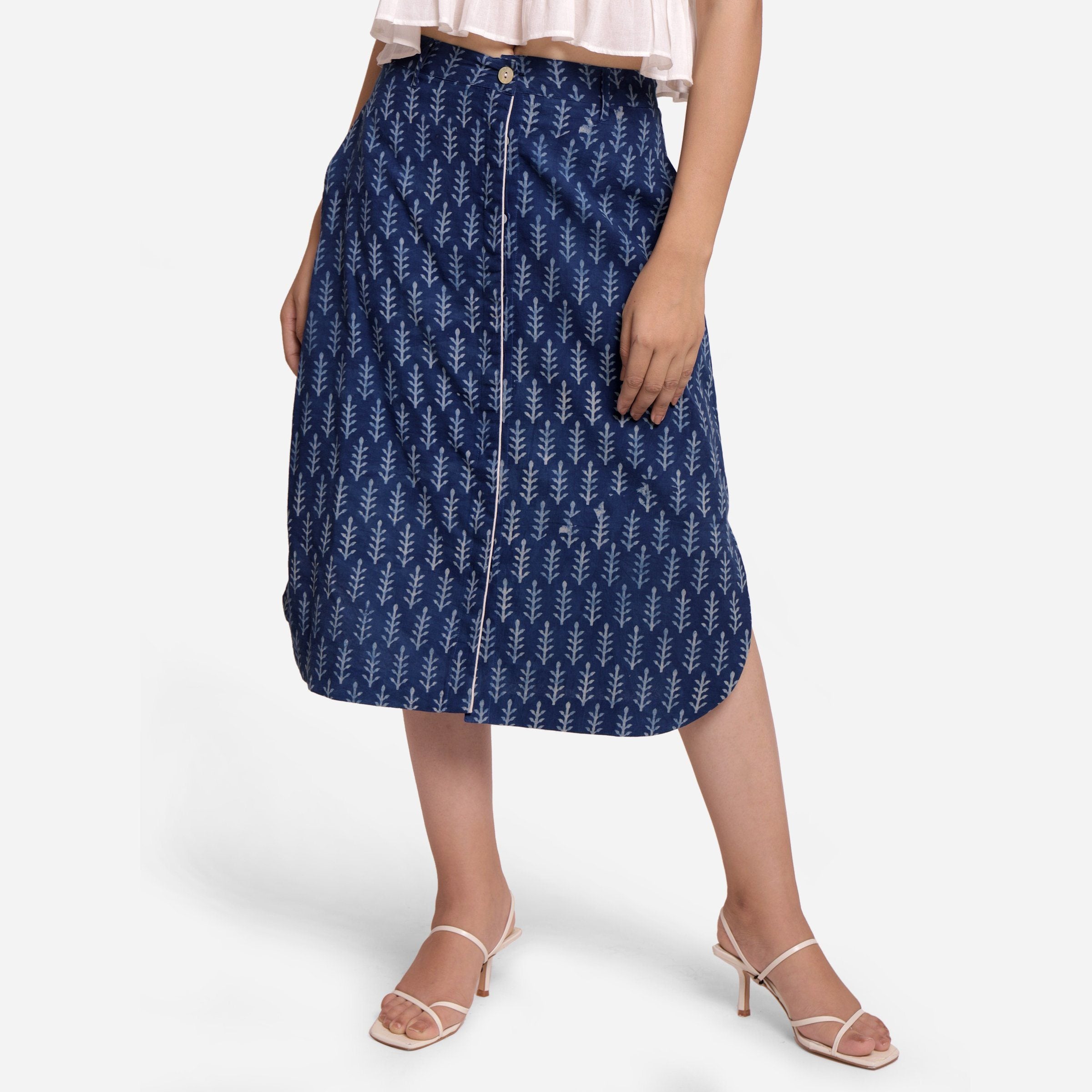 Front View of a Model wearing Dabu Hand Block Printed A-Line Skirt