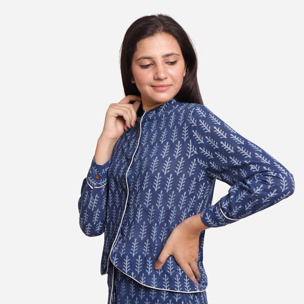 Left View of a Model wearing Indigo Dabu Block Printed Button-Down Shirt