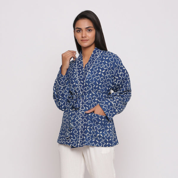 Front View of a Model wearing Dabu Hand Block Printed Front Open Overlay