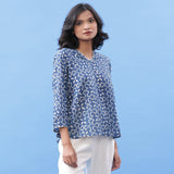 Indigo Geometric Block Print Split Neck Flared Top