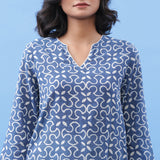 Indigo Geometric Block Print Split Neck Flared Top