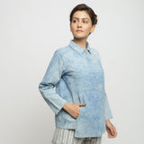 Right View of a Model wearing Dabu Printed Natural Dyed Blue Top