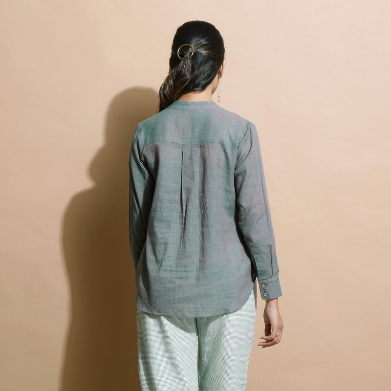 Dark Green Handspun Cotton Mandarin Collar Shirt