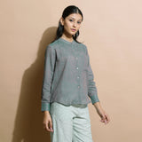 Dark Green Handspun Cotton Mandarin Collar Shirt