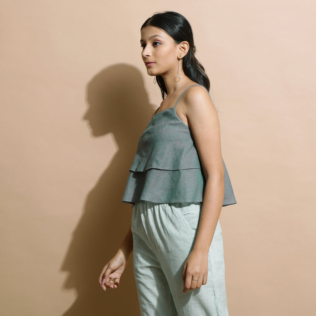 Dark Green Handspun Cotton Flared Camisole Top