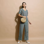 Dark Green Handspun Cotton Frilled Sleeve Elasticated Jumpsuit