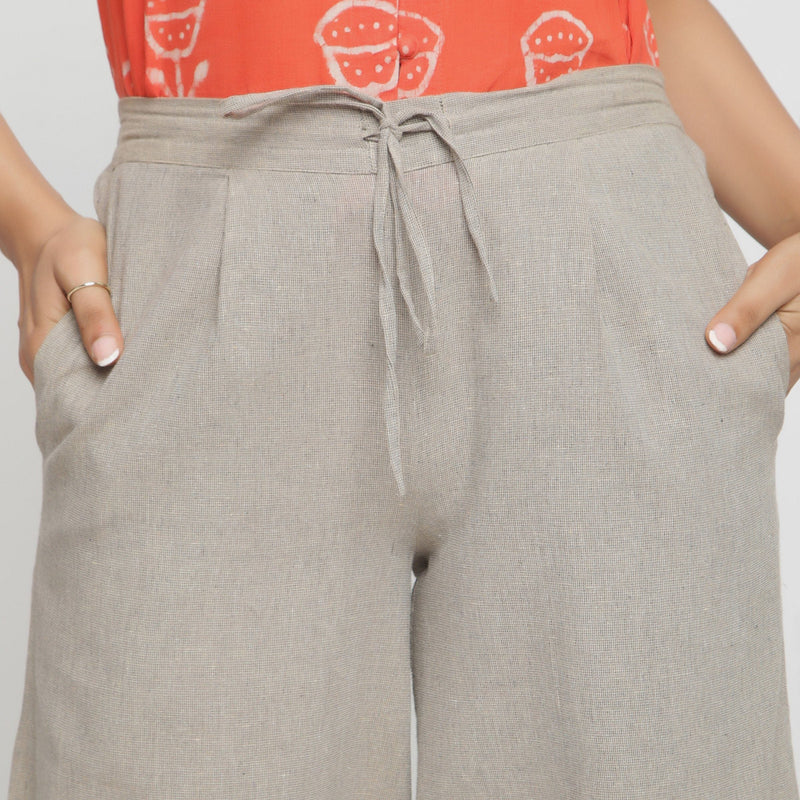 Front Detail of a Model wearing Yarn Dyed Cotton Beige Paneled Pant