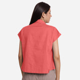 Back View of a Model wearing Red Deep Neck Button-Down Cotton Top