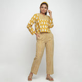Front View of a Model wearing Yellow Bagru Block Printed Top and Pant Set