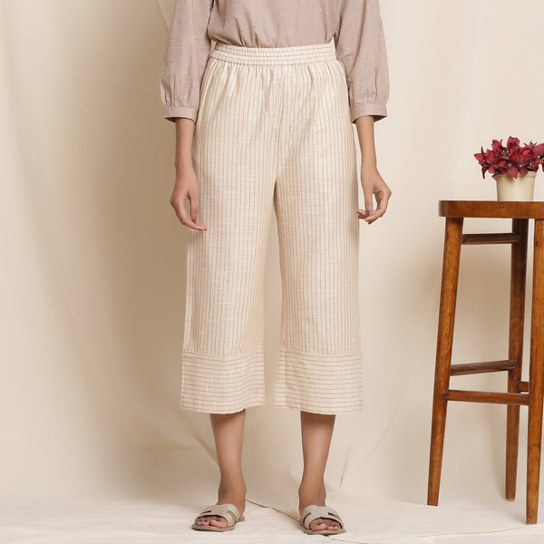 Front View of a Model wearing Dusk Beige Cotton Striped Elasticated Pant
