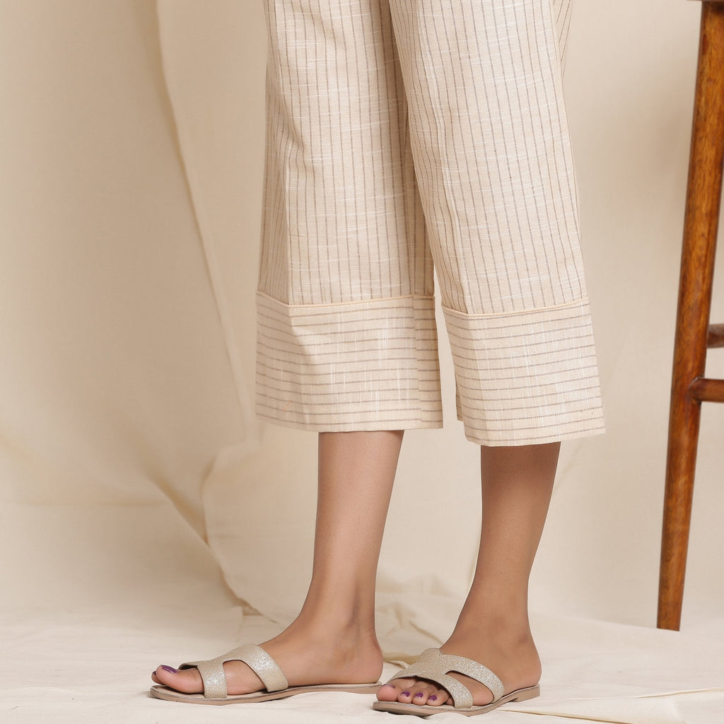 Close View of a Model wearing Dusk Beige Cotton Striped Elasticated Pant