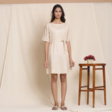 Front View of a Model wearing Dusk Beige Cotton Striped Sack Dress