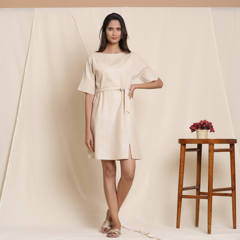 Front View of a Model wearing Dusk Beige Cotton Striped Sack Dress