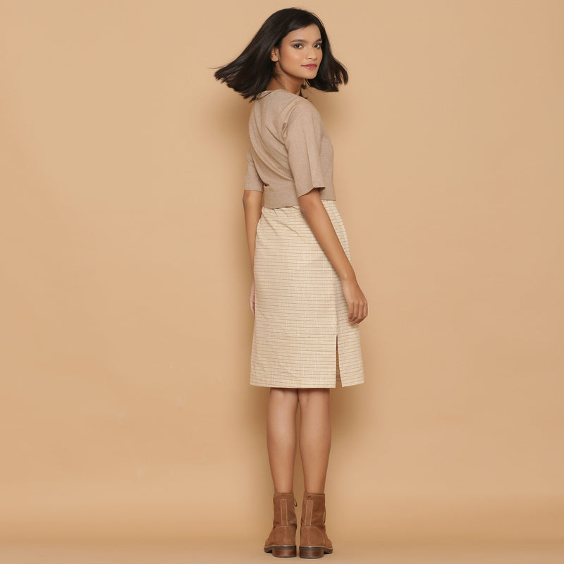 Back View of a Model wearing Dusk Beige Slim Fit Shift Dress