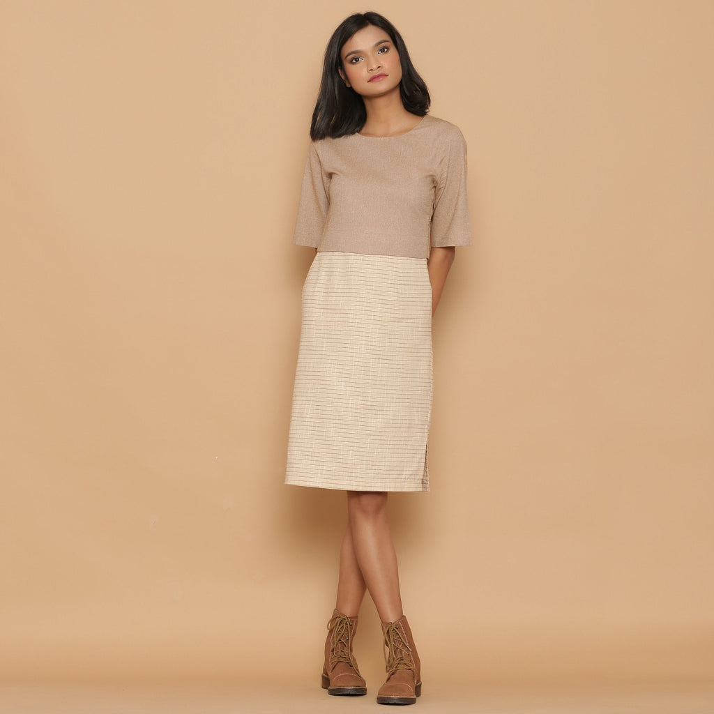 Front View of a Model wearing Dusk Beige Slim Fit Shift Dress