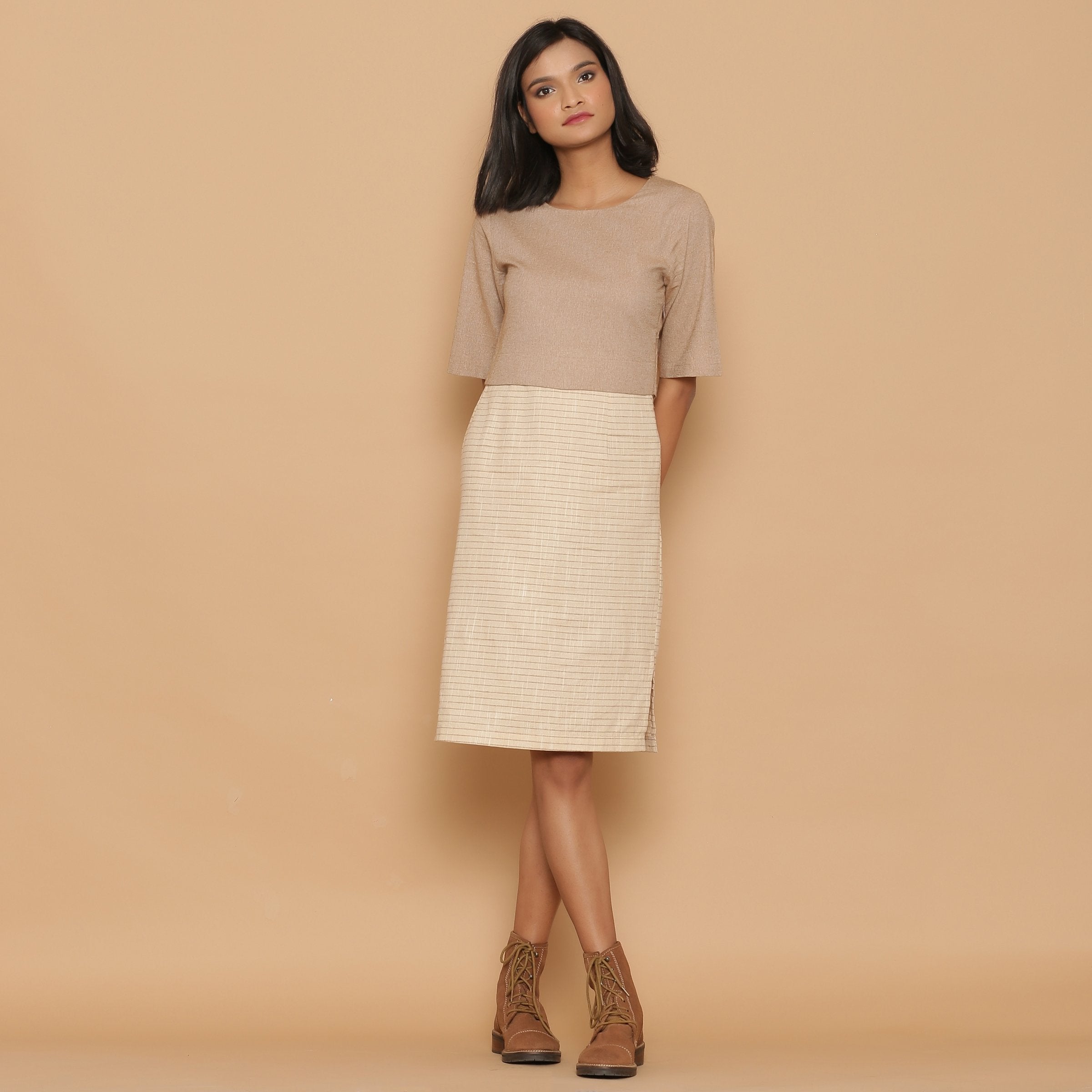Front View of a Model wearing Dusk Beige Slim Fit Shift Dress