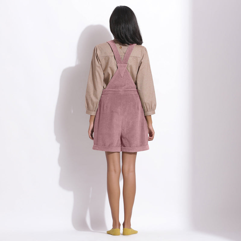 Back View of a Model wearing Mauve Cotton Corduroy Short Dungaree