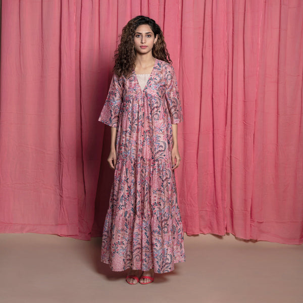 Front View of a Model wearing Dust Pink Floral Chanderi Block Print Tier Dress