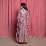 Back View of a Model wearing Dust Pink Floral Chanderi Block Print Tier Dress