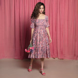 Front View of a Model wearing Dust Pink Floral Chanderi Fit and Flare Dress