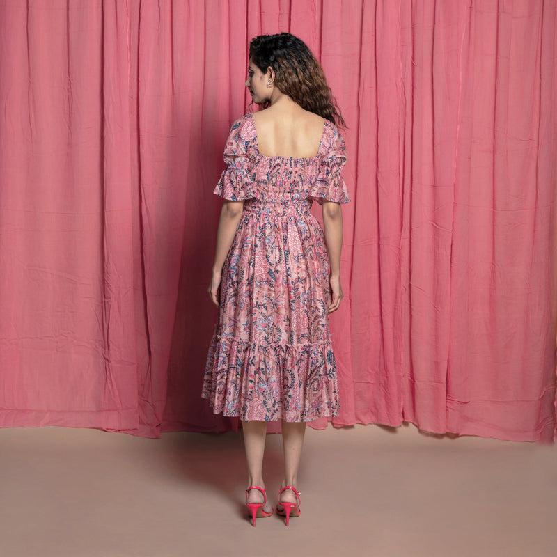 Back View of a Model wearing Dust Pink Floral Chanderi Fit and Flare Dress