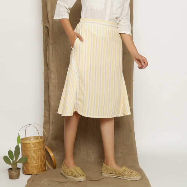 Ecru and Yellow Striped Handspun Cotton Elasticated Midi Skirt