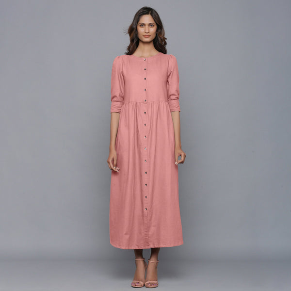 Front View of a Model wearing English Rose Flannel Gathered Dress