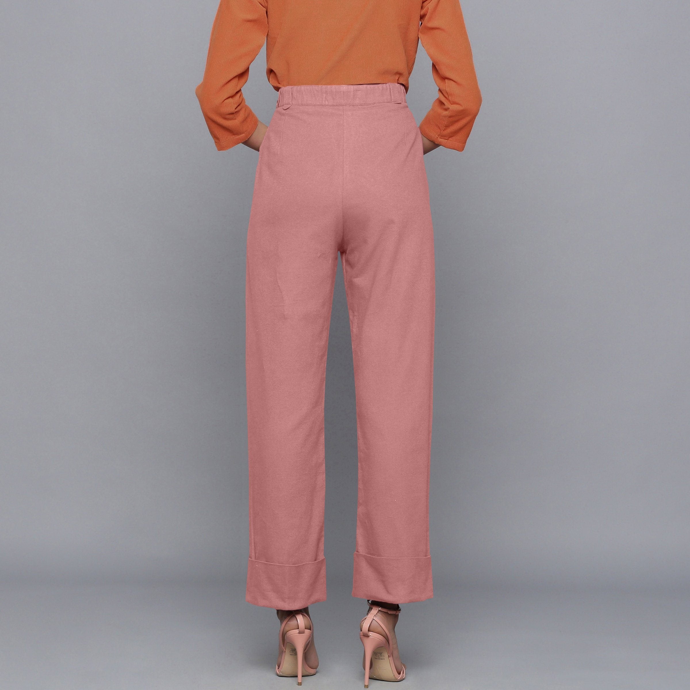 Back View of a Model Wearing English Rose Flannel Rolled-Up Straight Pant