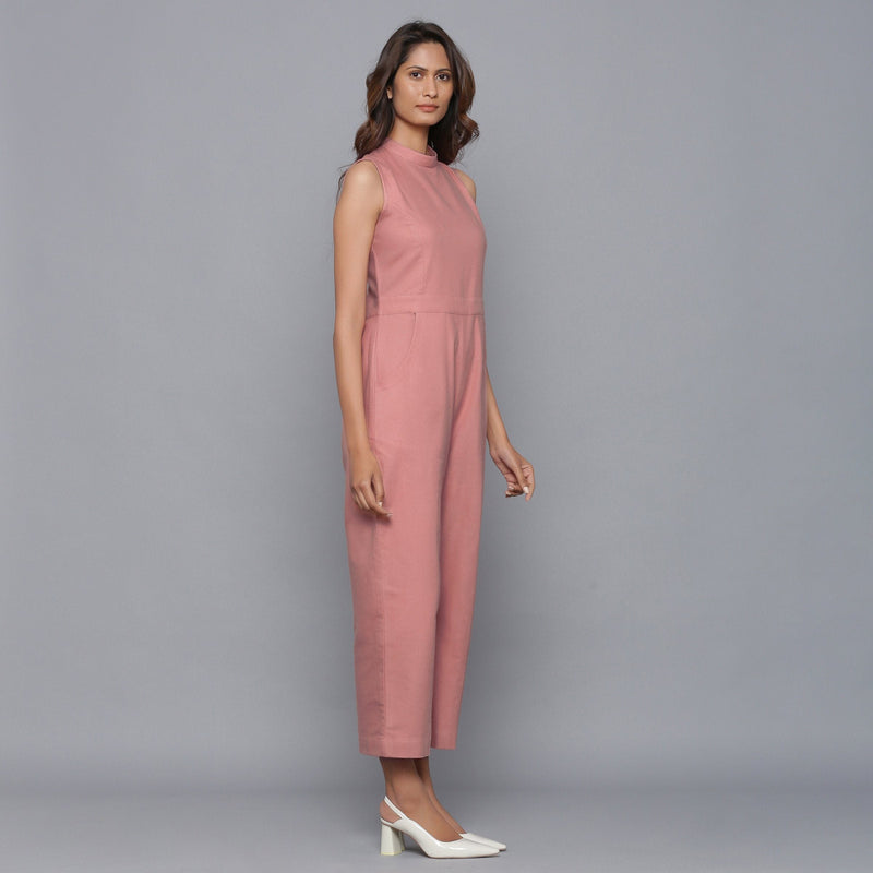 Right View of a Model wearing English Rose Flannel Sleeveless Jumpsuit