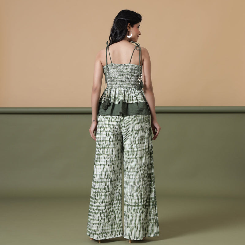 Back View of a Model wearing Fern Green Shibori Camisole Top and Pant Set