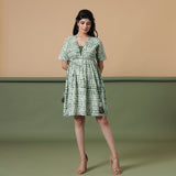 Front View of a Model wearing Fern Green Shibori Drop Shoulder Dress