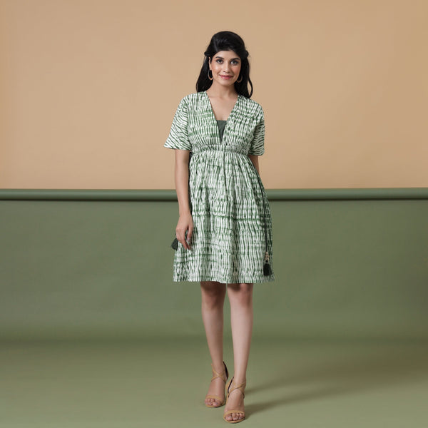 Front View of a Model wearing Fern Green Shibori Drop Shoulder Dress