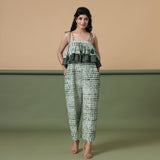 Front View of a Model wearing Fern Green Shibori Frilled Camisole Jumpsuit