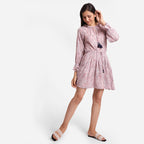 Front View of a Model wearing Pink Crinkled Cotton Fit and Flare Dress
