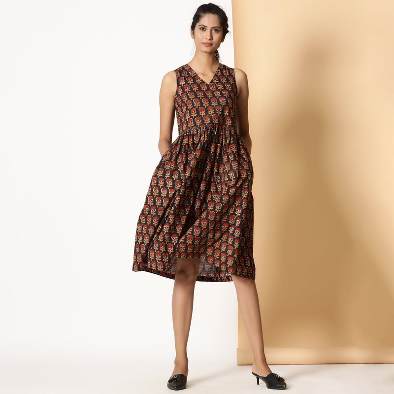 Front View of a Model wearing Floral Bagru Block Printed Gathered Dress