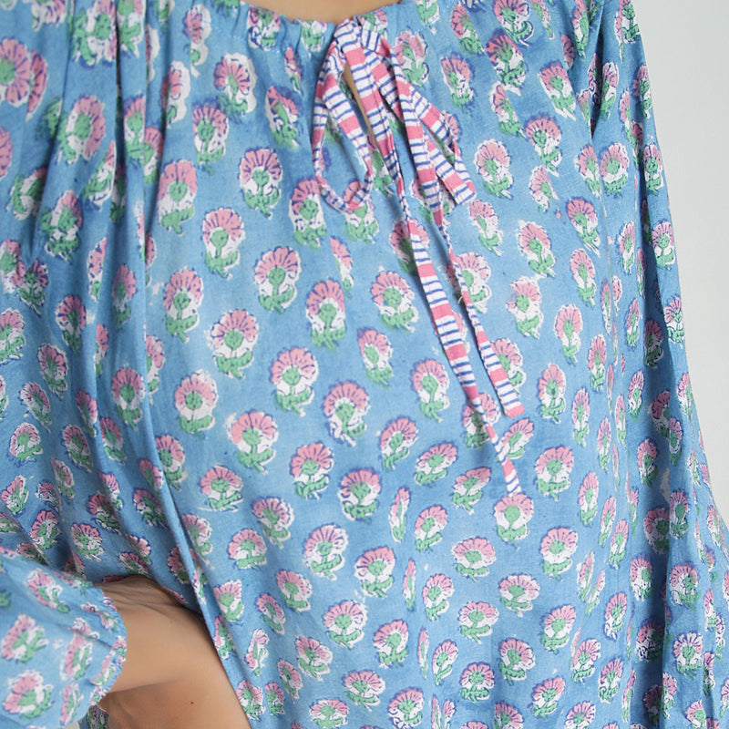 Front Detail of a Model wearing Floral Hand Block Printed Balloon Top