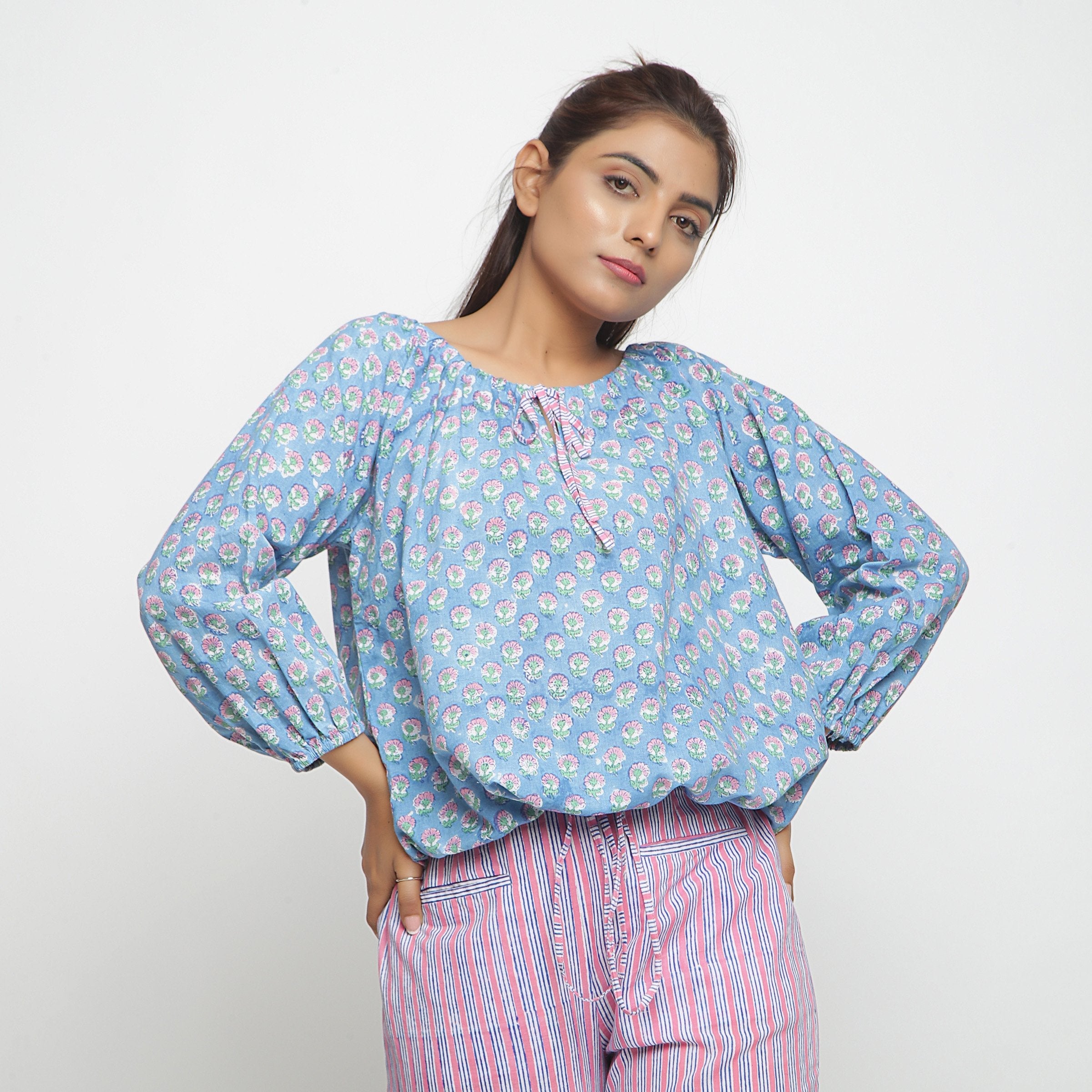 Front View of a Model wearing Floral Hand Block Printed Balloon Top