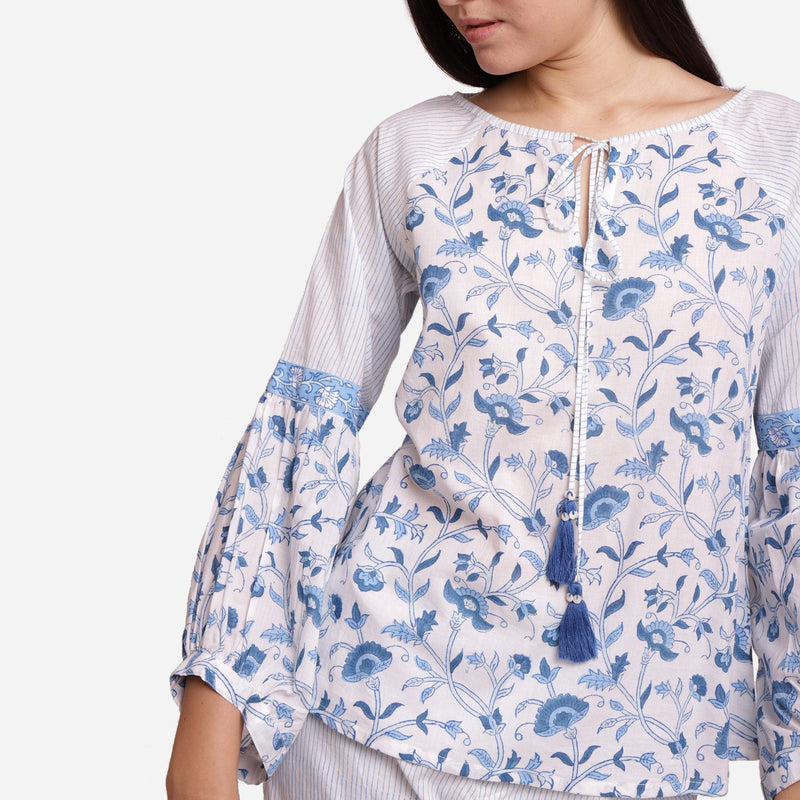 Front Detail of a Model wearing Blue Block Printed A-Line Cotton Top