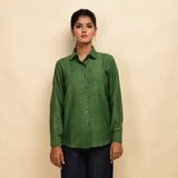 Front View of a Model wearing Forest Green 100% Cotton Peter Pan Collar Shirt