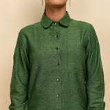 Front Detail of a Model wearing Forest Green 100% Cotton Peter Pan Collar Shirt