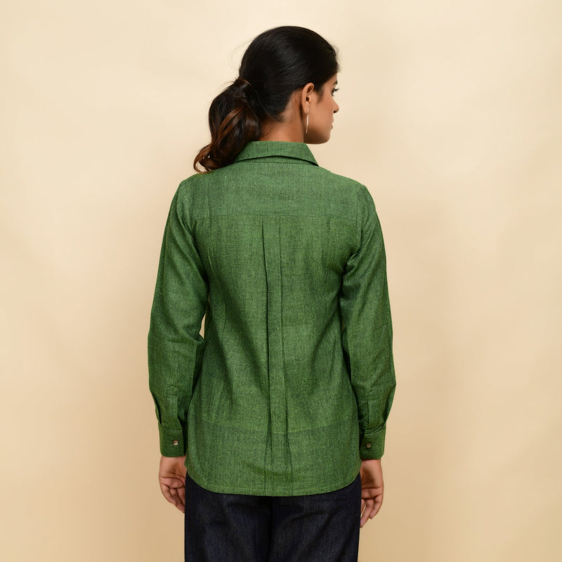 Back View of a Model wearing Forest Green 100% Cotton Peter Pan Collar Shirt