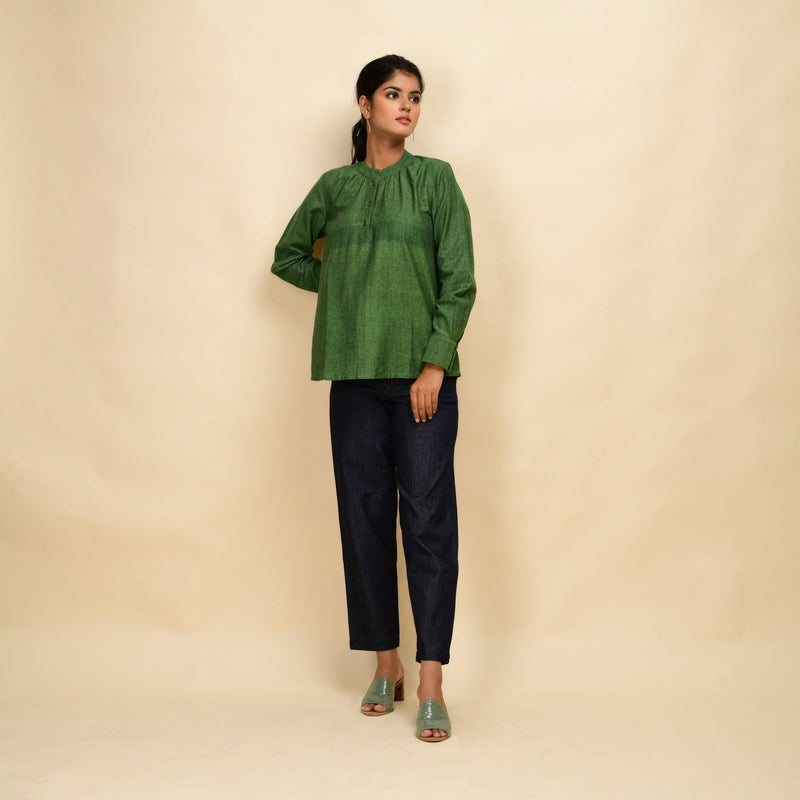 Front View of a Model wearing Forest Green 100% Cotton Khadi Yoked Top