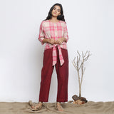 Front View of a Model wearing Fuchsia and Pink Top and Maroon Pant Set