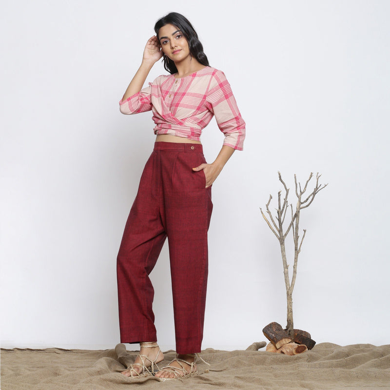 Left View of a Model wearing Fuchsia and Pink Top and Maroon Pant Set