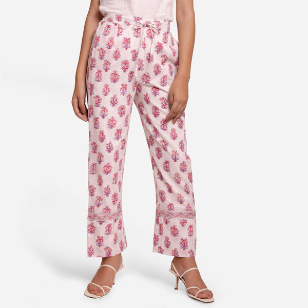 Front View of a Model wearing Fuchsia Block Printed Straight Pant