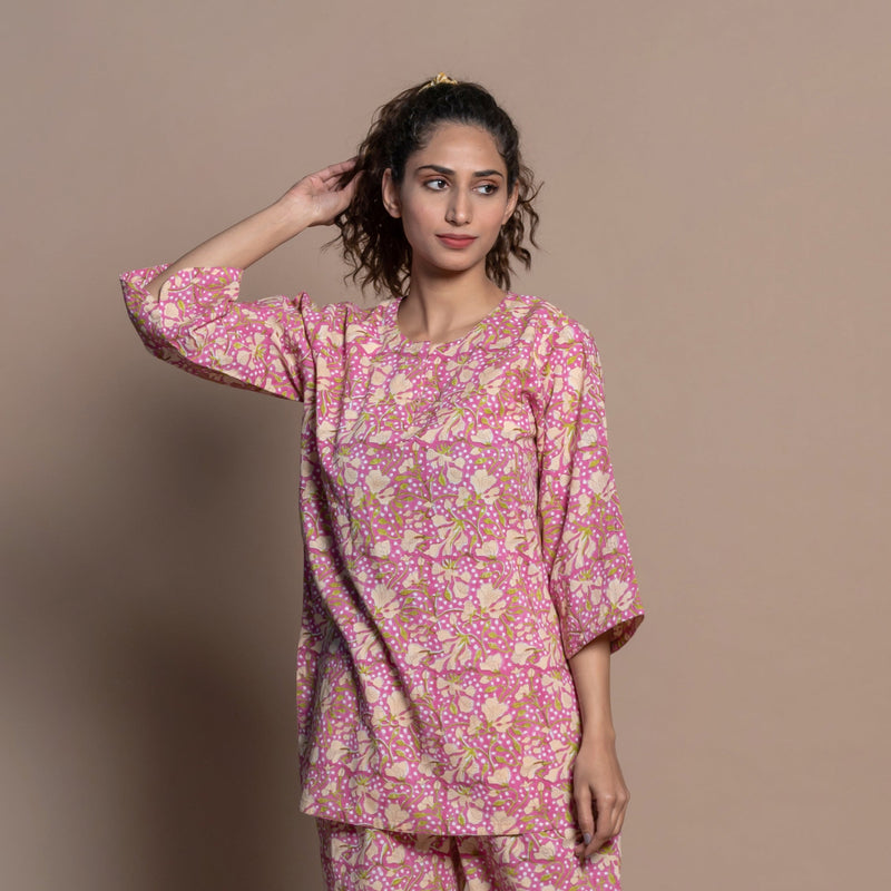 Front View of a Model wearing Fuchsia Floral Block Print Cotton Tunic Top