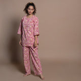 Front View of a Model wearing Fuchsia Floral Block Print Cotton Tunic Top