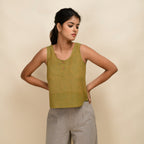 Front View of a Model wearing Gold Green 100% Cotton Sleeveless Short Top