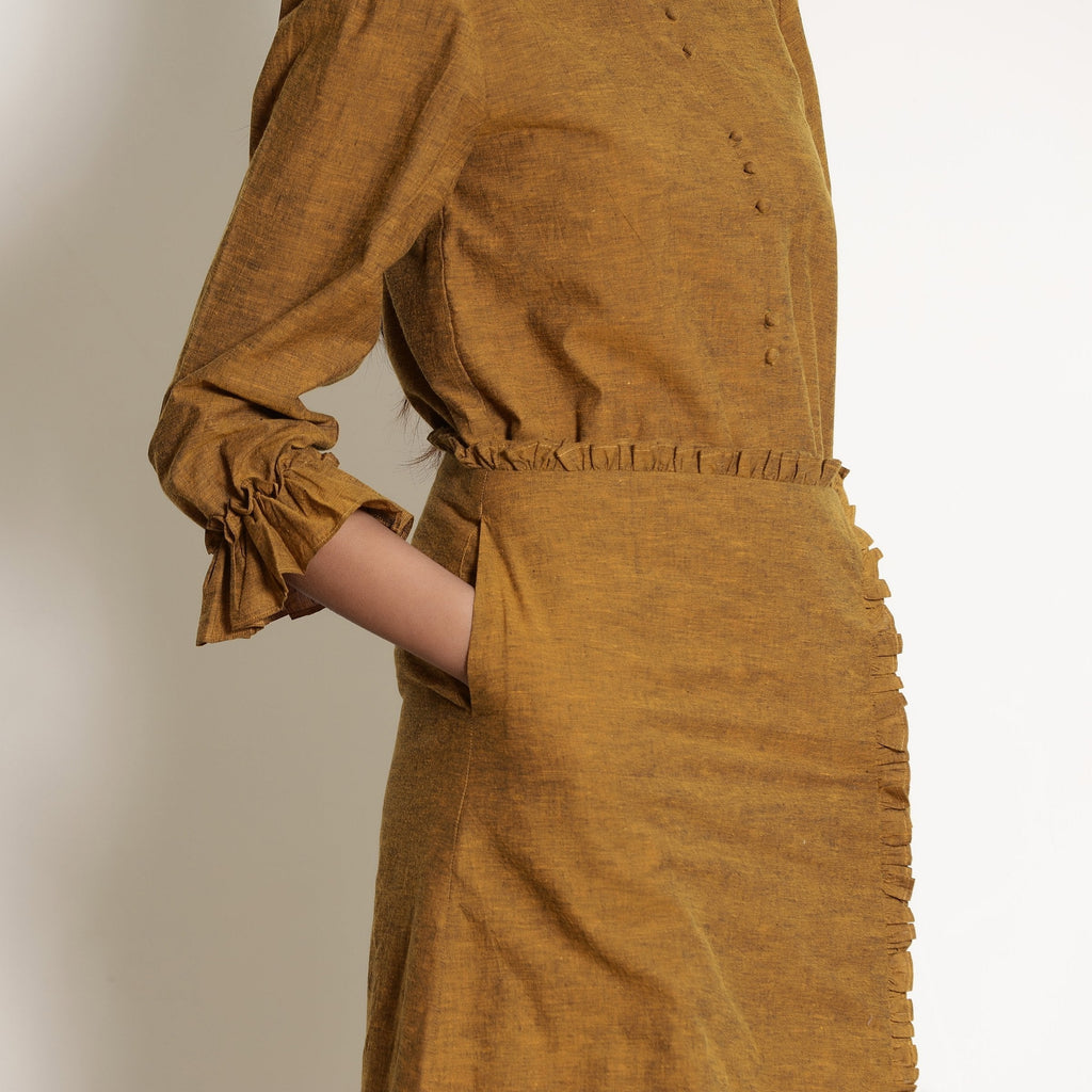 Front Detail of a Model wearing Golden Oak Frilled Sleeve Button Down Top
