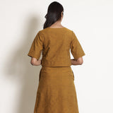 Back View of a Model wearing Golden Oak Warm V-Neck Wrap Top
